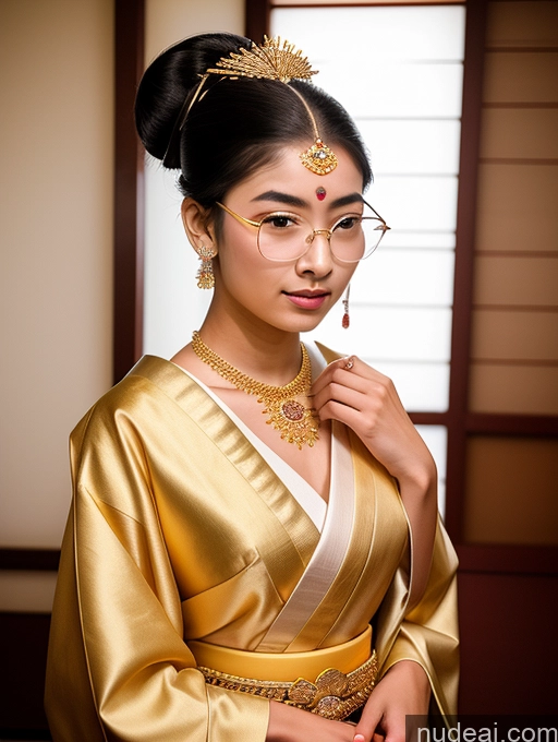 ai nude image of arafed woman in a gold robe and gold jewelry poses for a picture pics of Sorority Beautiful 18 Ponytail Indian Geisha Diamond Jewelry Gold Jewelry Jewelry Thin Round Glasses