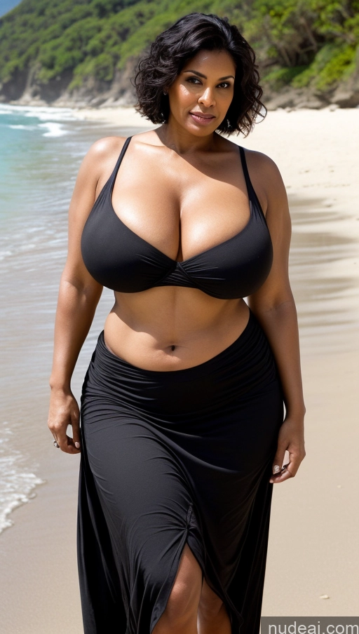 ai nude image of araffe woman in a black bikini walking on a beach pics of Busty Huge Boobs Beautiful Tattoos Muscular Big Ass Thick Tall Dark Skin 60s Seductive Close-up View T-pose Sexy Face Indian Milf Beach Blouse Long Skirt Pixie Fat Black Hair