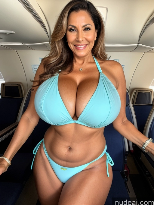 ai nude image of arafed woman in a blue bikini on an airplane pics of Milf One Busty Huge Boobs Tanned Skin 70s Brazilian Front View Flight Attendant Microkini Thong