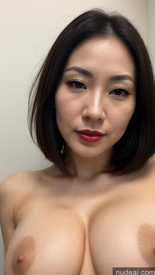 ai nude image of arafed asian woman with big breast showing off her big tits pics of Woman One Beautiful Lipstick Fairer Skin 30s Black Hair Skin Detail (beta) Detailed Japanese Huge Boobs Close-up View Bobcut