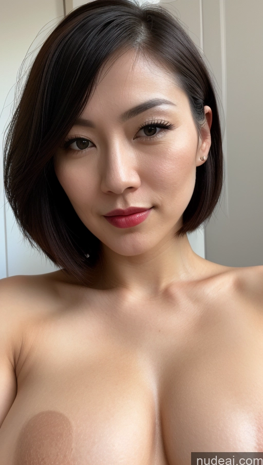 ai nude image of arafed asian woman with a very big breast posing for a picture pics of Woman One Beautiful Lipstick Fairer Skin 30s Black Hair Skin Detail (beta) Detailed Japanese Huge Boobs Close-up View Bobcut