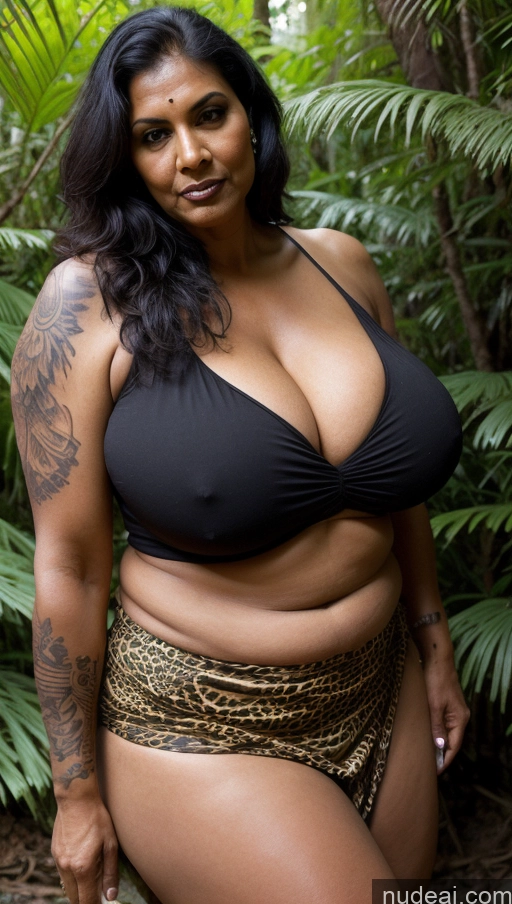 ai nude image of araffe woman in a black bikini posing in a jungle pics of Milf Huge Boobs Beautiful Tattoos Muscular Big Ass Thick Tall Dark Skin 60s Seductive Indian Jumping Sexy Face Fat Close-up View Blouse Long Skirt Black Hair Jungle Tribal