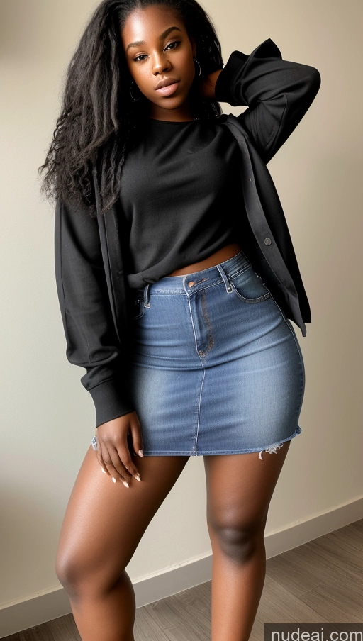 ai nude image of arafed woman in a black top and denim skirt posing for a picture pics of 18 Thick Stylish Black Long Hair Jeans Mini Skirt Shirt