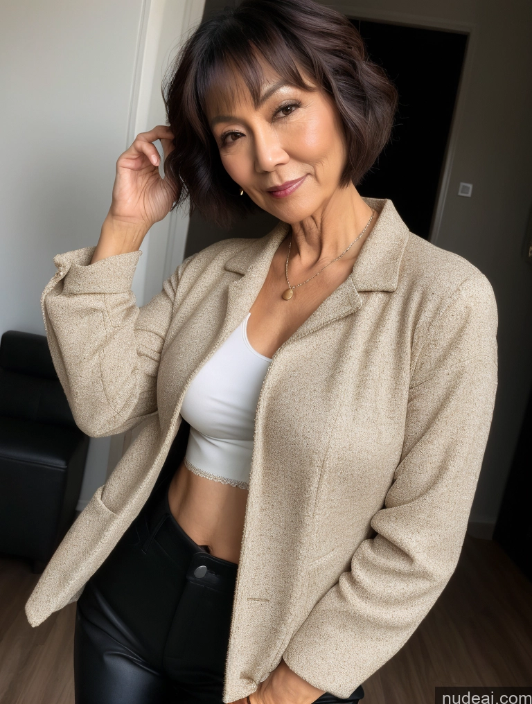 related ai porn images free for Milf Perfect Boobs Beautiful Perfect Body Short Hair 70s Japanese Blouse Bra Casual Jacket Professor Stylish Dark Lighting Detailed