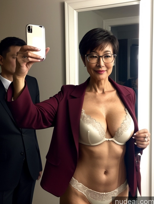 ai nude image of woman in a red suit taking a selfie in a mirror pics of Milf Perfect Boobs Beautiful Glasses Perfect Body 50s Pixie Chinese Mirror Selfie Party Blouse Bra Jacket Suit Cleavage Dark Lighting Detailed Stylish Professor