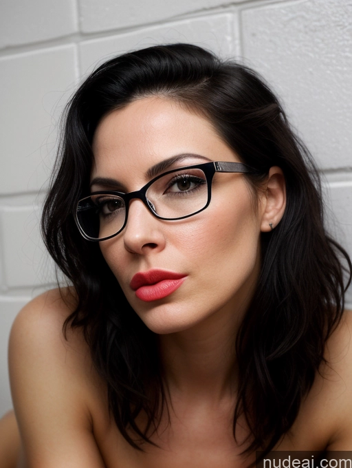 ai nude image of there is a woman with glasses and a pink lipstick posing for a picture pics of Woman One Black Hair Long Hair Latina Front View Straddling Nude Fairer Skin Perfect Body Short Glasses Beautiful Perfect Boobs Lipstick 40s Pouting Lips Prison Diamond Jewelry