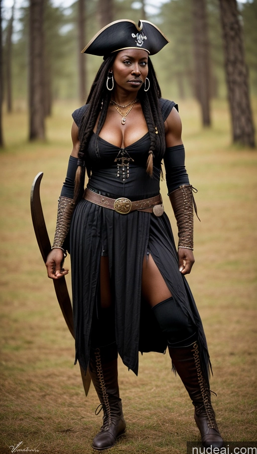 ai nude image of arafed woman in a pirate costume holding a sword and a sword pics of Muscular Thick Abs Dark Skin Perfect Boobs Braided Pirate 80s African Goth Viking