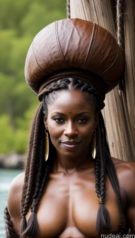 ai nude image of there is a woman with a large hat on her head pics of Muscular Thick Abs Dark Skin Perfect Boobs Braided Pirate 80s African Viking