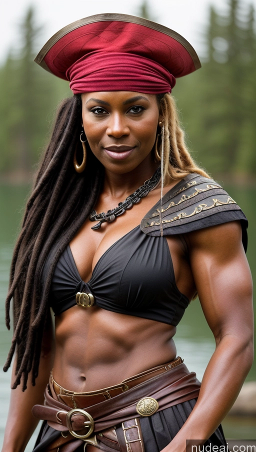 ai nude image of there is a woman in a pirate costume posing for a picture pics of Muscular Thick Abs Dark Skin Perfect Boobs Braided Pirate 80s African Viking