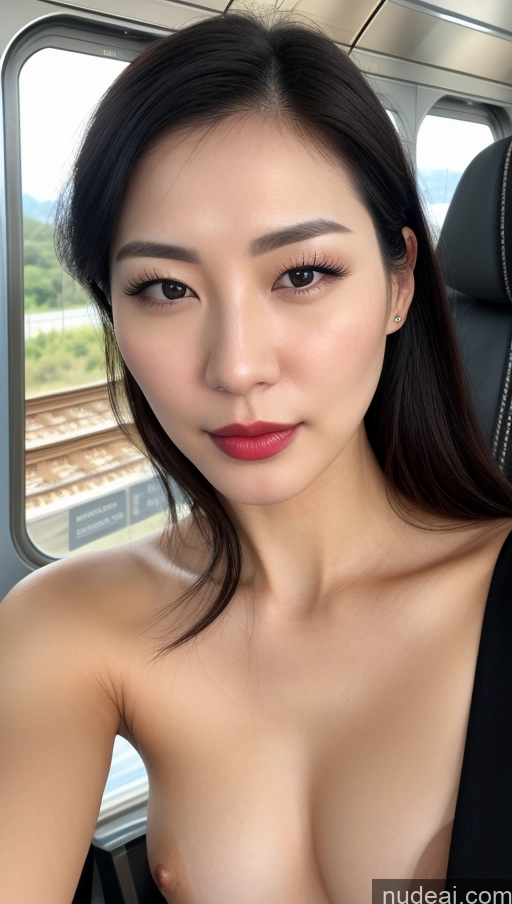 ai nude image of arafed asian woman with a black dress posing for a picture pics of Woman One Beautiful Lipstick Fairer Skin 30s Black Hair Slicked Korean Detailed Close-up View Train Skin Detail (beta)