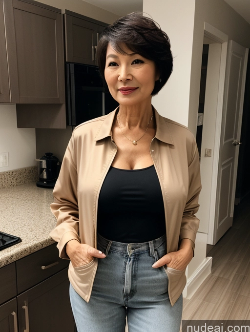 related ai porn images free for Milf Perfect Boobs Beautiful Perfect Body Short Hair 70s Chinese Kitchen Blouse Bra Casual Jacket Professor Stylish Cleavage Dark Lighting Detailed