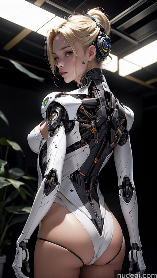 ai nude image of araffed woman in a white bodysuit with a black and white robot on her back pics of Dark Lighting Jewelry Partially Nude Futuristicbot V2 Maid 18 Serious Sexy Face Cyberpunk Cyborg Working Out Stylish Dress Blonde Onsen