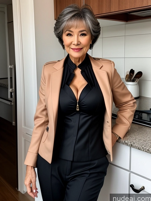 ai nude image of woman in black top and black pants standing in kitchen with wooden cabinets pics of Milf Perfect Boobs Beautiful Perfect Body Pixie Chinese Kitchen Bra Casual Jacket Professor Stylish Suit Cleavage Detailed Sexy Face 70s