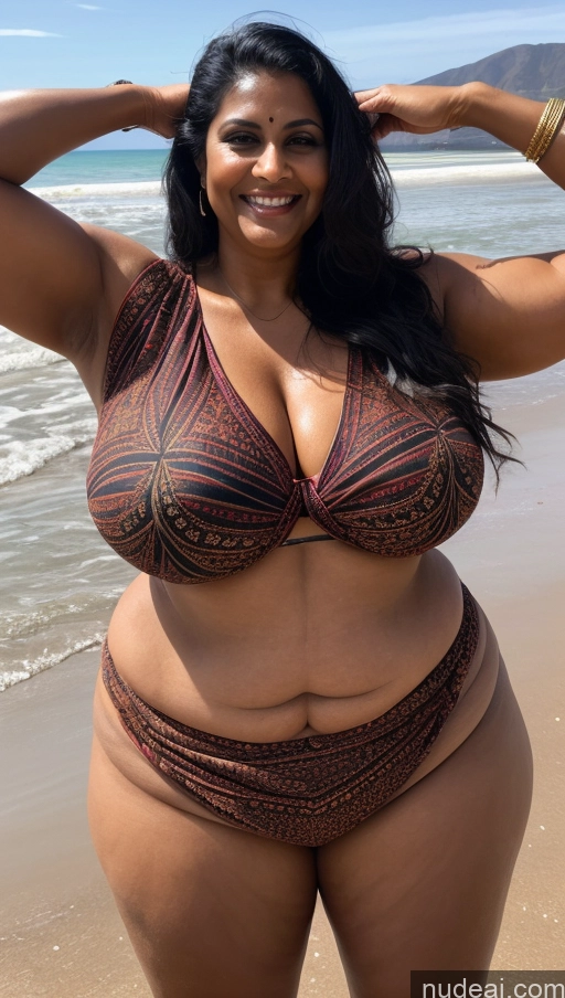 ai nude image of arafed woman in a bikini posing on the beach pics of Milf Huge Boobs Beautiful Tattoos Muscular Big Ass Thick Fat Tall Long Hair 60s Indian T-pose Dark Lighting Sexy Face Front View Happy Blouse Sari Beach Dark Skin Black Hair