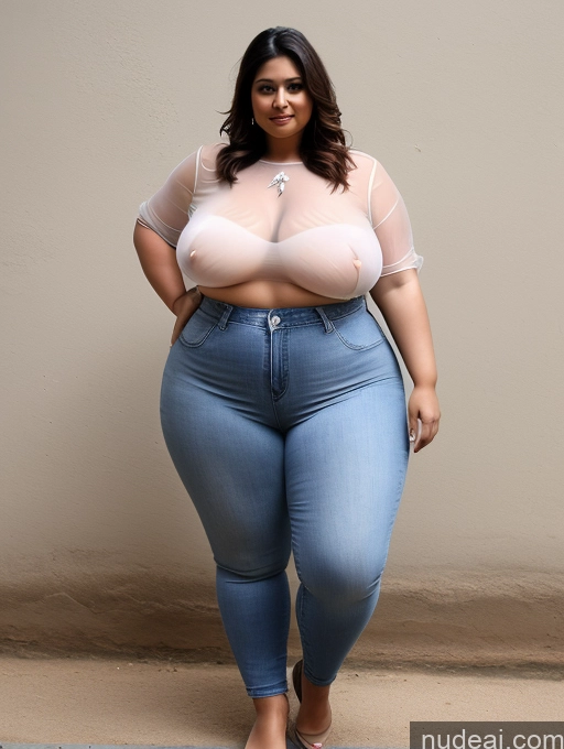 ai nude image of araffed woman in a sheer top and jeans posing for a picture pics of Model Beautiful Big Ass Huge Boobs Fat 30s Brunette Indian Shirt Jeans Transparent