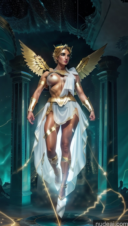 ai nude image of arafed woman in a white dress with gold wings and a golden halo pics of Bodybuilder Several Muscular Abs Surrealist Dynamic View Superhero Powering Up Menstoga, White Robes, In White And Gold Costumem, Gold Headpiece, Gold Belt, Gold Chain Futuristic Power Rangers Hawkgirl Captain Marvel Regal Mary Thunderbolt Spider-Gwen Batwoman Heat Vision Huge Boobs