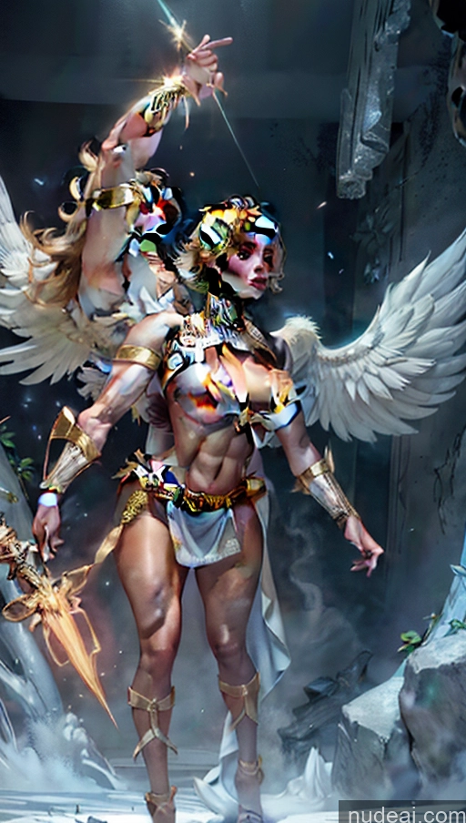 ai nude image of there is a woman with wings and a sword in a cave pics of Bodybuilder Several Muscular Abs Surrealist Dynamic View Superhero Powering Up Menstoga, White Robes, In White And Gold Costumem, Gold Headpiece, Gold Belt, Gold Chain Futuristic Power Rangers Hawkgirl Captain Marvel Regal Mary Thunderbolt Spider-Gwen Batwoman Heat Vision Huge Boobs Busty