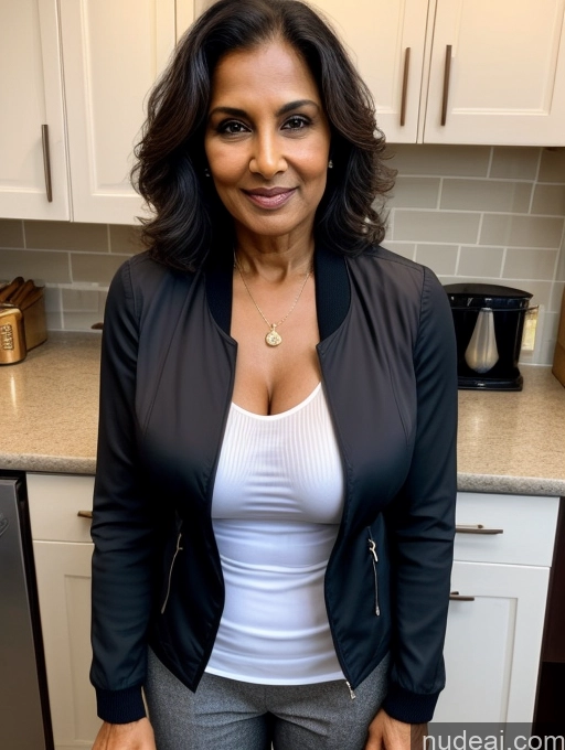 ai nude image of arafed woman in a black jacket and white top standing in a kitchen pics of Milf Perfect Boobs Beautiful Perfect Body 70s Kitchen Bra Casual Jacket Professor Stylish Suit Cleavage Detailed Sexy Face Dark Skin Indian