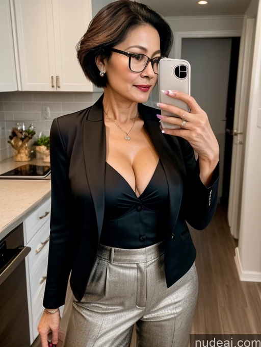 ai nude image of woman taking a selfie in a kitchen with a phone pics of Milf Perfect Boobs Beautiful Glasses Perfect Body 60s Pixie Chinese Mirror Selfie Kitchen Blouse Bra Jacket Suit Cleavage Dark Lighting Detailed