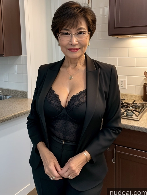 ai nude image of woman in black suit and glasses standing in kitchen with counter top pics of Milf Perfect Boobs Beautiful Glasses Perfect Body Pixie Chinese Mirror Selfie Kitchen Blouse Bra Jacket Suit Cleavage Dark Lighting Detailed 70s