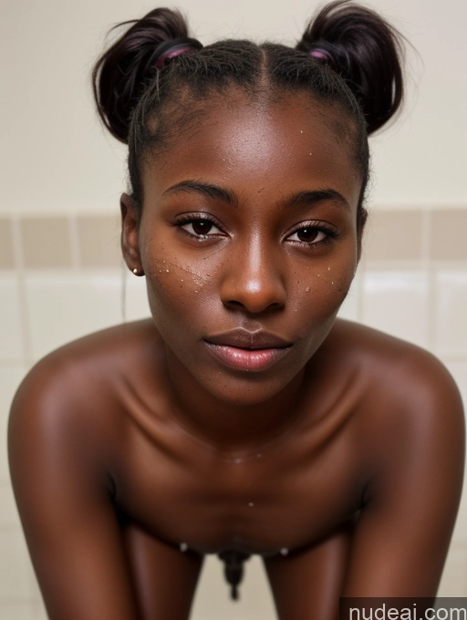 ai nude image of there is a young woman with a messy bun in a bathroom pics of Woman Brunette Nude Dark Skin Pubic Hair Small Tits Skinny Big Hips 18 Ponytail Two Cumshot