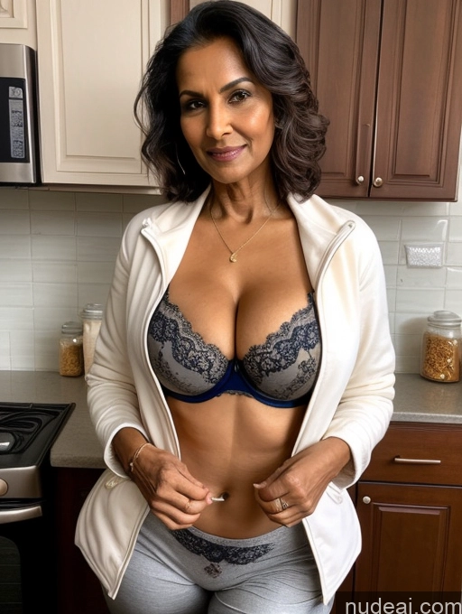 ai nude image of araffe woman in a white jacket and blue panties posing in a kitchen pics of Milf Perfect Boobs Beautiful Perfect Body 70s Kitchen Bra Casual Jacket Professor Stylish Suit Cleavage Detailed Sexy Face Dark Skin Indian