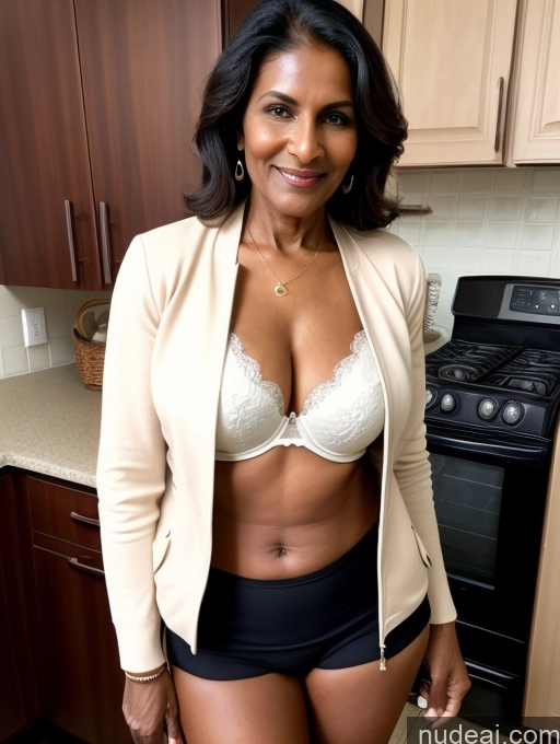 ai nude image of there is a woman in a bra top and panties posing for a picture pics of Milf Beautiful Perfect Body Dark Skin 70s Indian Kitchen Bra Casual Jacket Professor Stylish Suit Cleavage Detailed Sexy Face Small Tits