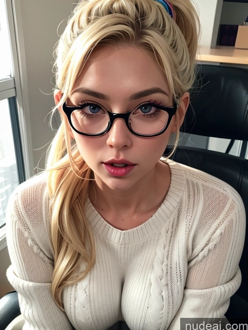 ai nude image of blonde woman with glasses and a white sweater sitting in a chair pics of Blonde Simple Ponytail Glasses Chubby Blowjob Secretary Two Dress Stylish Office Woman 50s Sweater Transparent