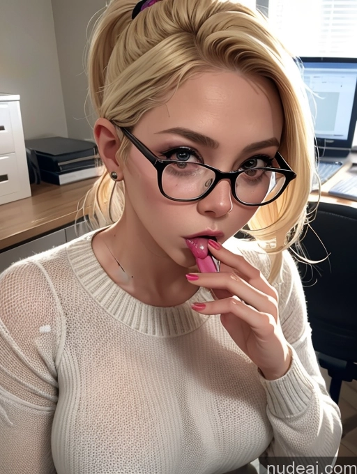 ai nude image of blond woman with glasses and a pink lip polishing her lips pics of Blonde Simple Ponytail Glasses Chubby Blowjob Secretary Two Dress Stylish Office Woman 50s Sweater Transparent