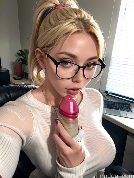 ai nude image of blond woman with glasses holding a cup of ice cream in front of her face pics of Blonde Simple Ponytail Glasses Chubby Secretary Two Dress Stylish Office Woman 50s Sweater Transparent Blowjob