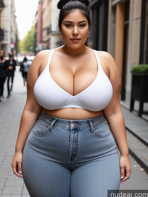 ai nude image of araffed woman in a white bra top and jeans walking down a street pics of Busty Huge Boobs Perfect Boobs Big Ass Thick Chubby Fat Big Hips Short Tanned Skin 18 Black Hair Hair Bun Asian Street Crop Top Jeans