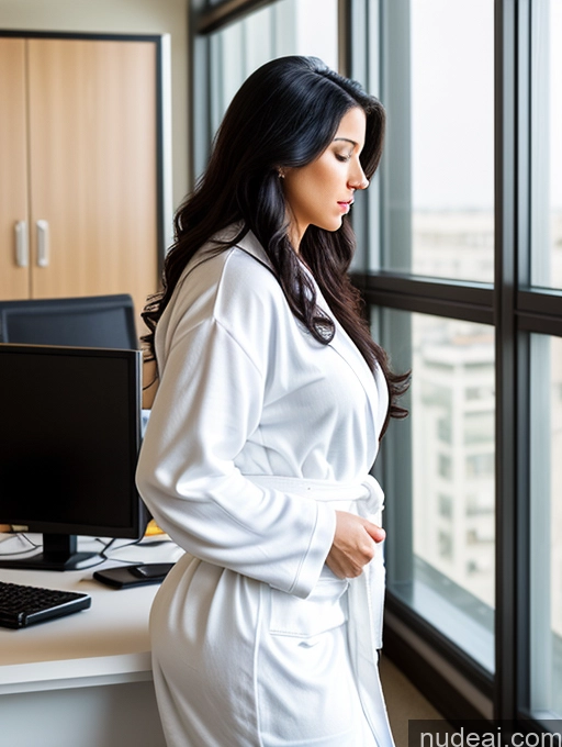 ai nude image of woman in white robe standing in front of a window looking out pics of Woman One Big Ass Big Hips 20s Long Hair Black Hair Office Side View Bathrobe Italian