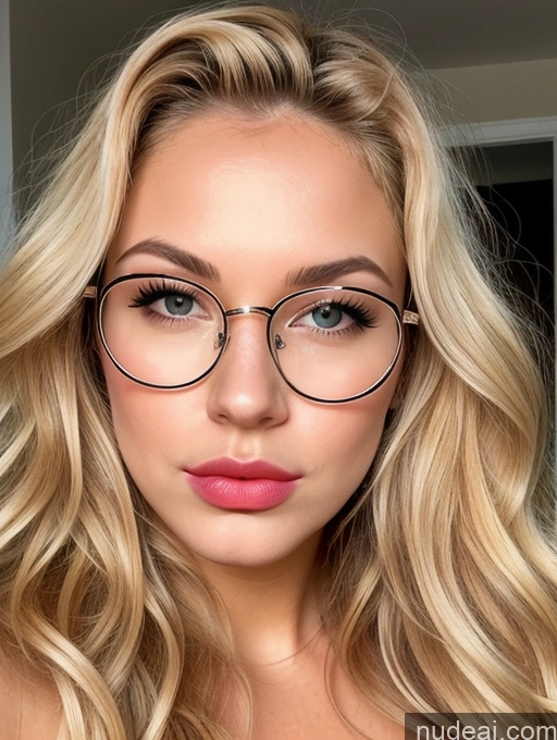 ai nude image of a close up of a woman wearing glasses and a pink lipstick pics of Blonde Perfect Boobs Thin Round Glasses Nude Pouting Lips Curly Hair