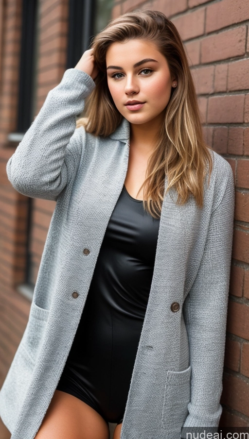 ai nude image of a woman in a black dress and a gray blazer leaning against a brick wall pics of 18 Thick Stylish German