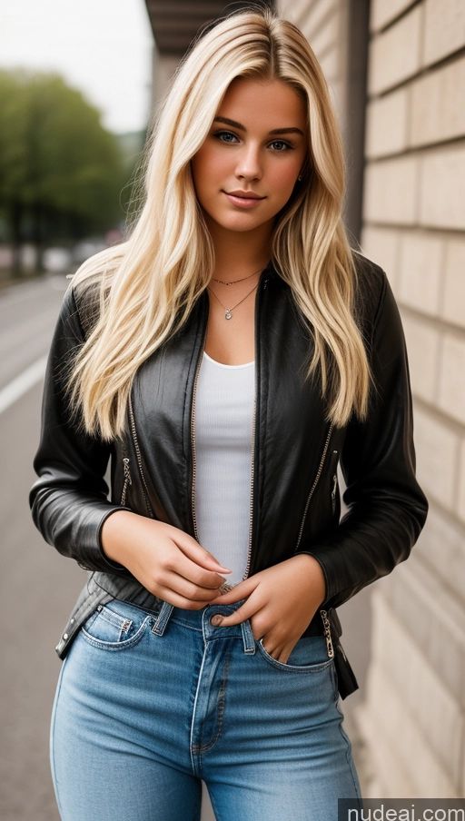 ai nude image of arafed woman in a black leather jacket and jeans standing on a sidewalk pics of 18 Thick Stylish German Blonde