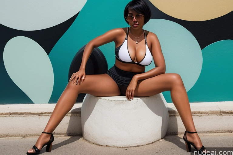 ai nude image of there is a woman sitting on a cement pedestal wearing a bikini pics of Woman 30s Surrealist Front View Tanned Skin One Thick Sunglasses Serious Street Dark Skin Busty Sundress Dress Stylish Short Hair Black Hair Malaysian