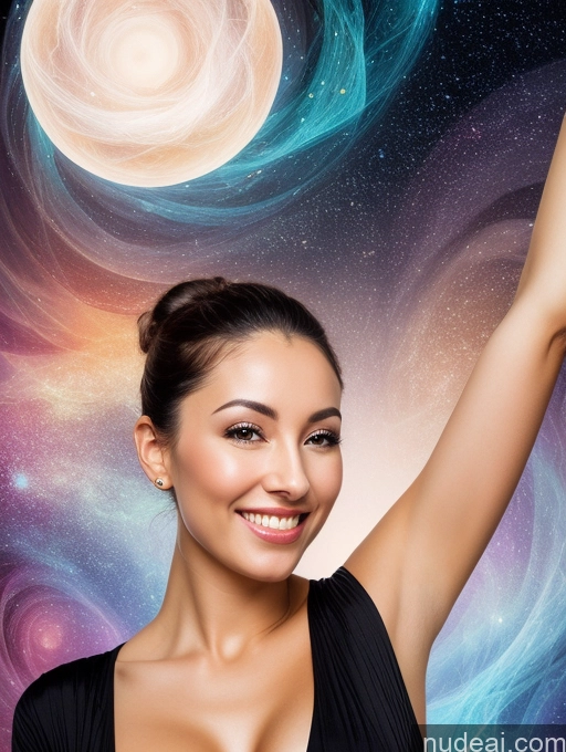 ai nude image of smiling woman in black dress holding up a cell phone in front of a spiral galaxy pics of Beautiful Cleavage Dark Lighting Woman Seductive 30s Surrealist Front View T-pose Happy Spanish Hair Bun Perfect Body Onsen Onesie