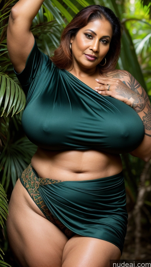 ai nude image of araffe woman in a green dress posing for a picture pics of Milf One Busty Huge Boobs Beautiful Tattoos Muscular Big Ass Thick Fat Tall Dark Skin 60s Seductive Ginger Indian Close-up View Jumping Blouse Sari Dark Lighting Sexy Face Jungle