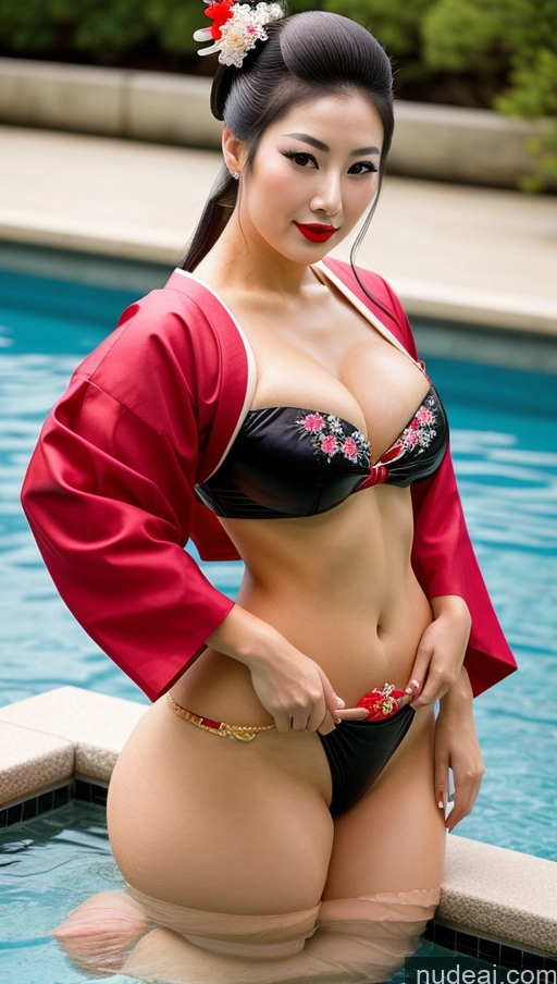 ai nude image of araffe asian woman in a red kimono posing in a pool pics of Busty Lipstick Pubic Hair 30s Black Hair Japanese Geisha Seductive Pearl Jewelry Cleavage Pool Ponytail