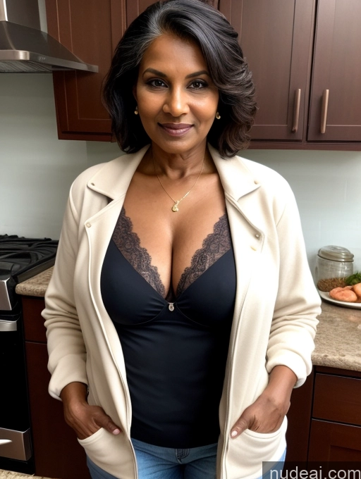 ai nude image of there is a woman standing in a kitchen with a black top pics of Milf Perfect Boobs Beautiful Perfect Body Dark Skin 70s Indian Kitchen Bra Casual Jacket Professor Stylish Suit Cleavage Detailed Sexy Face