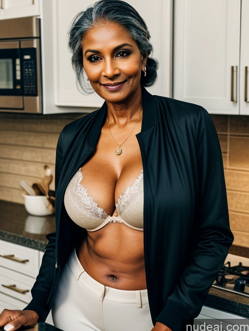 ai nude image of there is a woman in a black jacket and white pants posing for a picture pics of Milf Perfect Boobs Beautiful Perfect Body Dark Skin 70s Indian Kitchen Bra Casual Jacket Professor Stylish Suit Cleavage Detailed Sexy Face