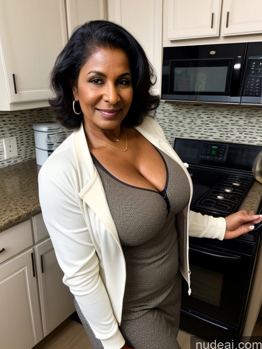 ai nude image of there is a woman standing in a kitchen with a stove pics of Milf Perfect Boobs Beautiful Perfect Body Dark Skin 70s Indian Kitchen Bra Casual Jacket Professor Stylish Suit Cleavage Detailed Sexy Face