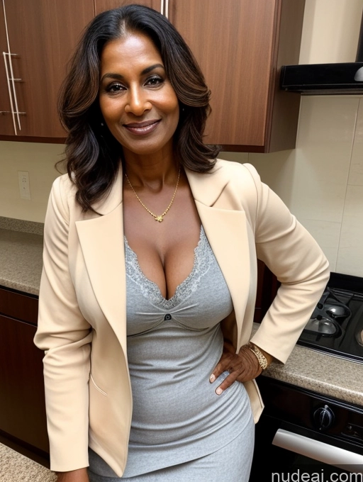 ai nude image of there is a woman in a dress and jacket posing for a picture pics of Milf Perfect Boobs Beautiful Perfect Body Dark Skin 70s Indian Kitchen Bra Casual Jacket Professor Stylish Suit Cleavage Detailed Sexy Face