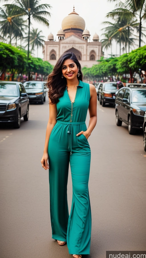 ai nude image of araffe woman in green jumpsuit standing in front of a building pics of Woman Indian Beautiful Mumbai Jumpsuit