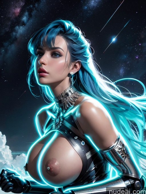 ai nude image of a close up of a woman with blue hair and a sword pics of Blue Hair Bangs Cyborg Jewelry Stargazing Skinny Detailed Diamond Jewelry Knight Huge Boobs Neon Lights Clothes: Blue Bending Over Side View