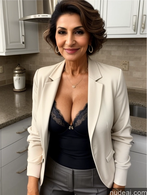 ai nude image of a close up of a woman in a white jacket and grey pants pics of Milf Perfect Boobs Beautiful Perfect Body 70s Pixie Arabic Kitchen Bra Casual Jacket Professor Stylish Suit Cleavage Detailed Sexy Face