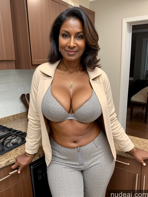 ai nude image of a close up of a woman in a kitchen posing for a picture pics of Milf Perfect Boobs Beautiful Perfect Body Dark Skin 70s Indian Kitchen Bra Casual Jacket Professor Stylish Suit Cleavage Detailed Sexy Face