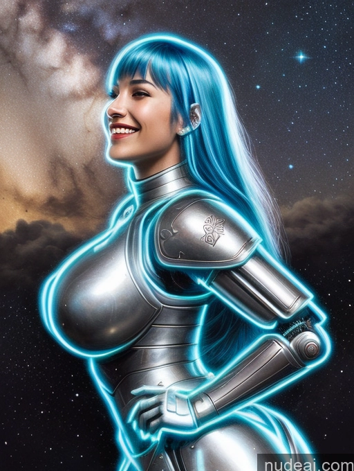 ai nude image of arafed woman in a futuristic suit posing for a picture pics of Cyborg Huge Boobs Skinny 18 Happy Laughing Blue Hair Bangs Side View Bending Over Diamond Jewelry Jewelry Detailed Neon Lights Clothes: Blue Stargazing Knight