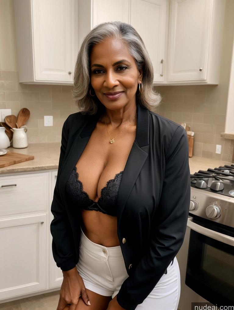 ai nude image of there is a woman in a black jacket and white shorts posing for a picture pics of Milf Perfect Boobs Beautiful Perfect Body Dark Skin 70s Indian Kitchen Bra Casual Jacket Professor Stylish Suit Cleavage Detailed Sexy Face