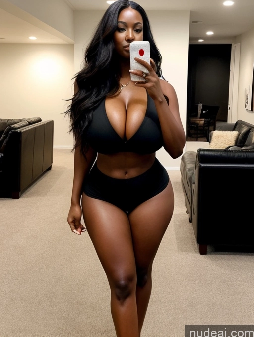 ai nude image of araffe woman in a black bikini taking a selfie in a living room pics of Woman Huge Boobs Perfect Boobs Big Ass Big Hips Thick Perfect Body 30s Sexy Face Black Hair Long Hair African Party High Heels Cleavage Casual